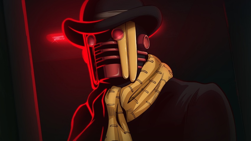 1other, alarm_siren, black_coat, black_hat, bowler_hat, coat, hat, highres, indoors, jojo_no_kimyou_na_bouken, jojolion, red_eyes, s0osauge, scarf, stand_(jojo), upper_body, wonder_of_u, yellow_scarf