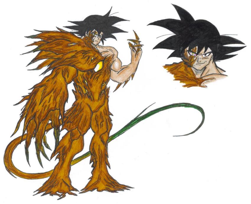 1boy, alternate_form, alternate_universe, arm_spikes, asymmetrical_arms, black_eyes, black_hair, bloodshot_eyes, body_horror, chaosghidorah, claws, commentary, dragon_ball, dragonball_z, english_commentary, full_body, growing_out_of_body, marker_(medium), monster_boy, multiple_views, plant_boy, plant_growth, plant_roots, plant_tail, portrait, saiyan, simple_background, solo, spiked_hair, tail, traditional_media, tree_bark, tullece, white_background
