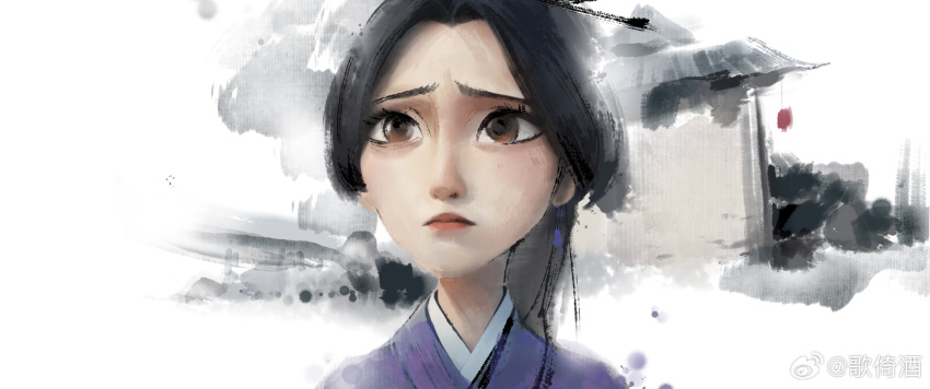 1girl, architecture, black_hair, brown_eyes, chinese_clothes, east_asian_architecture, faux_traditional_media, furrowed_brow