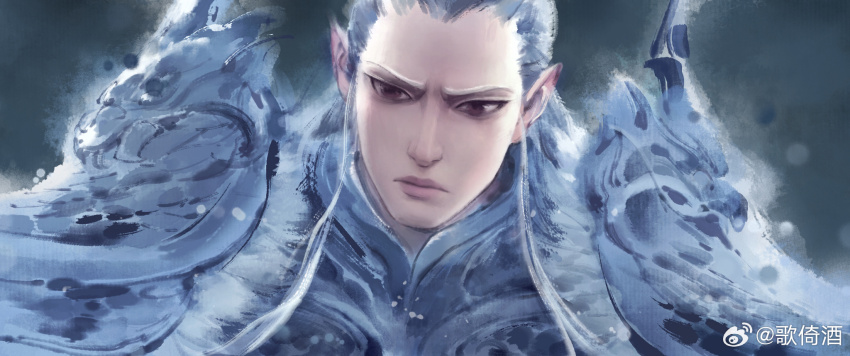 1boy, ao_guang_(nezha_zhi_motong_jiangshi), armor, blue_background, brown_eyes, chinese_armor, closed_mouth, dragon_boy