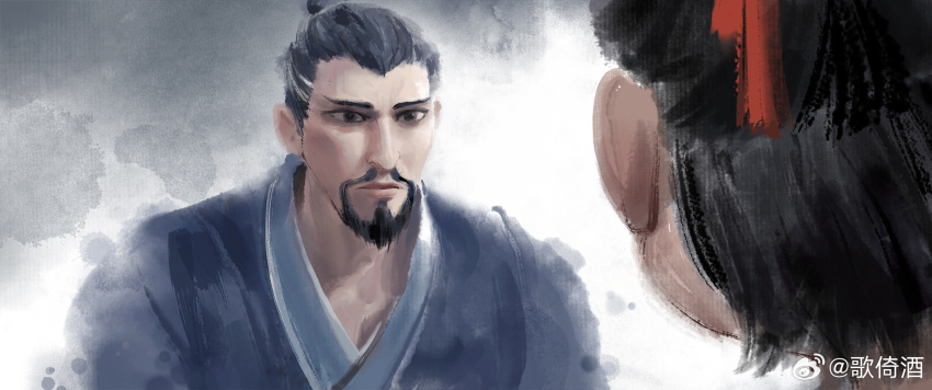 beard, black_eyes, black_hair, chinese_clothes, facial_hair, facing_away, father_and_child, father_and_son