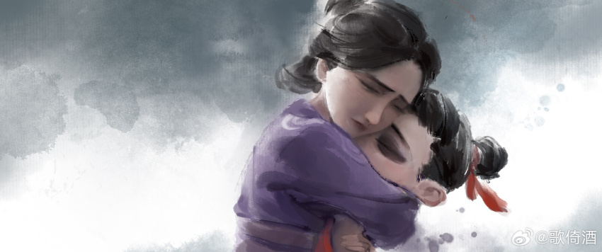 1boy, 1girl, black_eyeshadow, black_hair, closed_eyes, eyeshadow, faux_traditional_media, from_side