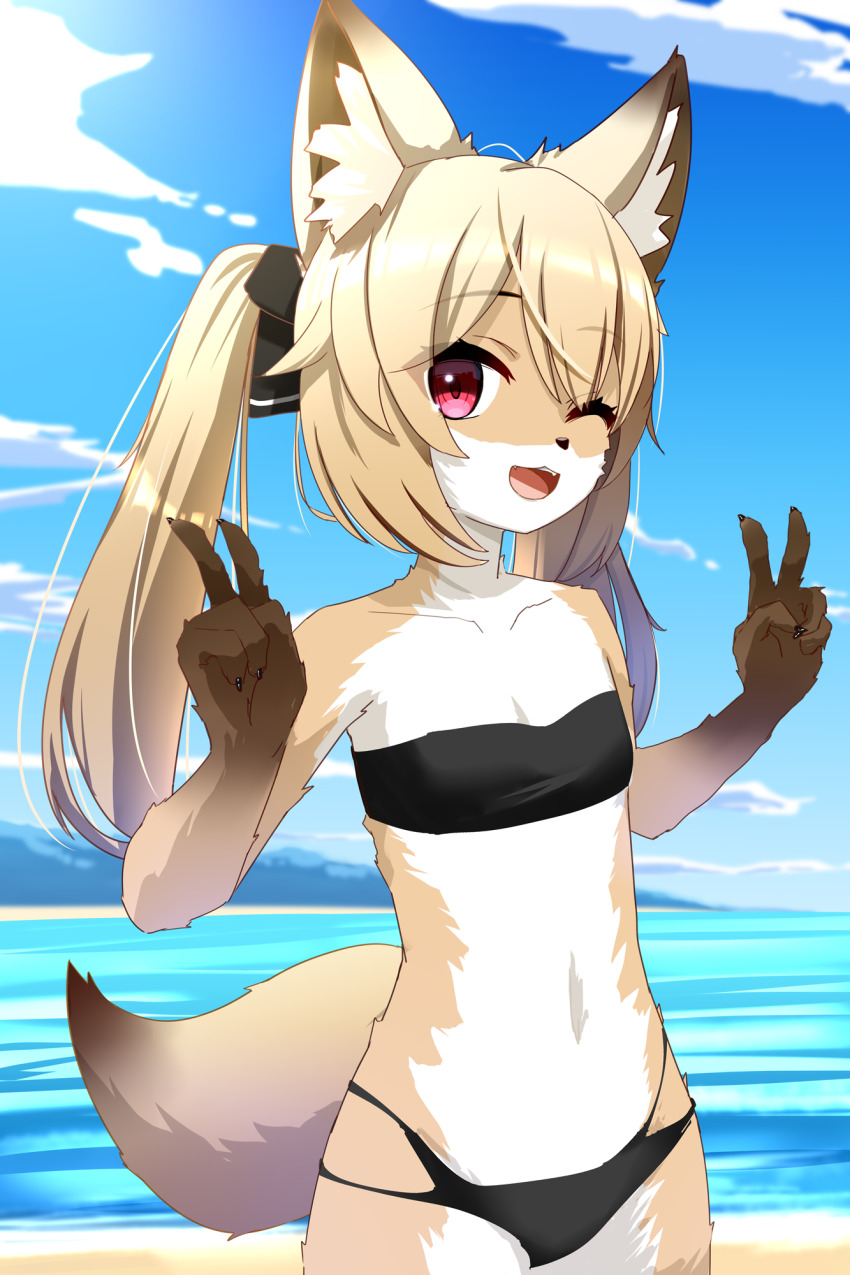 1girl, :3, ;d, animal_ear_fluff, animal_ears, animal_nose, bandeau, bare_shoulders