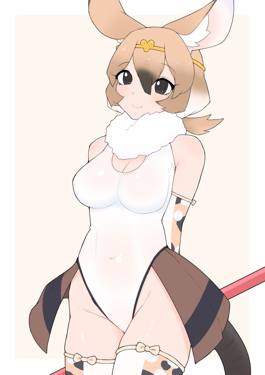 1girl, absurdres, animal_ear_fluff, animal_ears, black_eyes, blush, breasts, brown_background