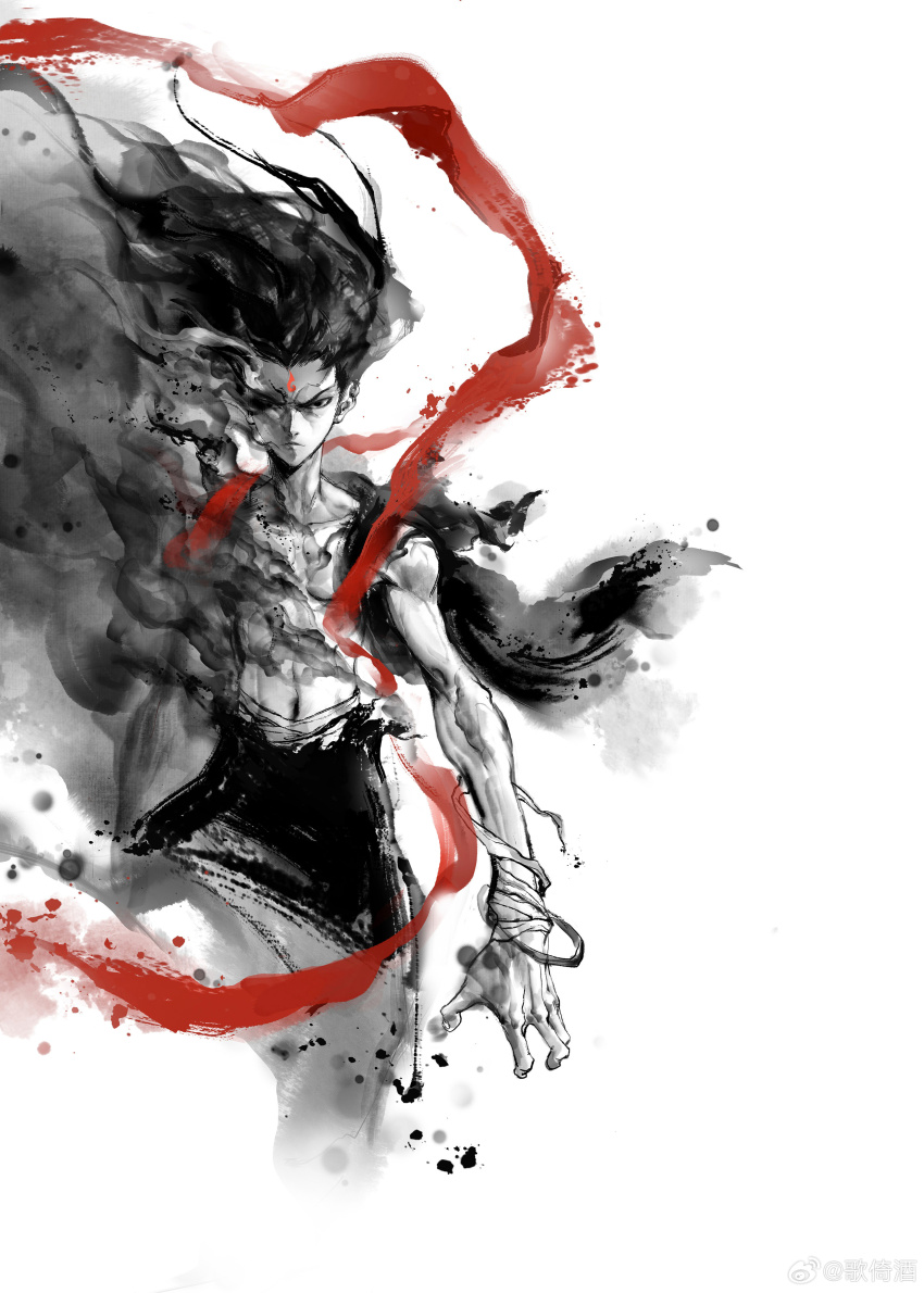 1boy, absurdres, aged_up, cropped_torso, facial_mark, faux_traditional_media, floating_hair, forehead_mark