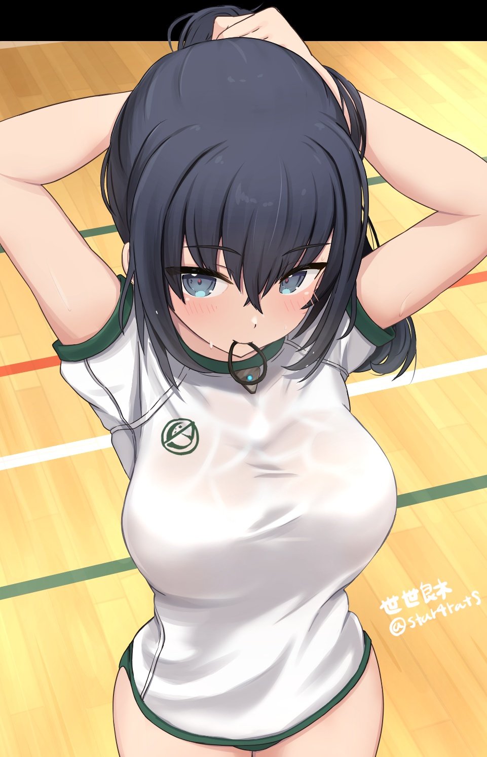 1girl, agatsuma_kei, alice_gear_aegis, arms_behind_head, arms_up, black_hair, breasts, buruma