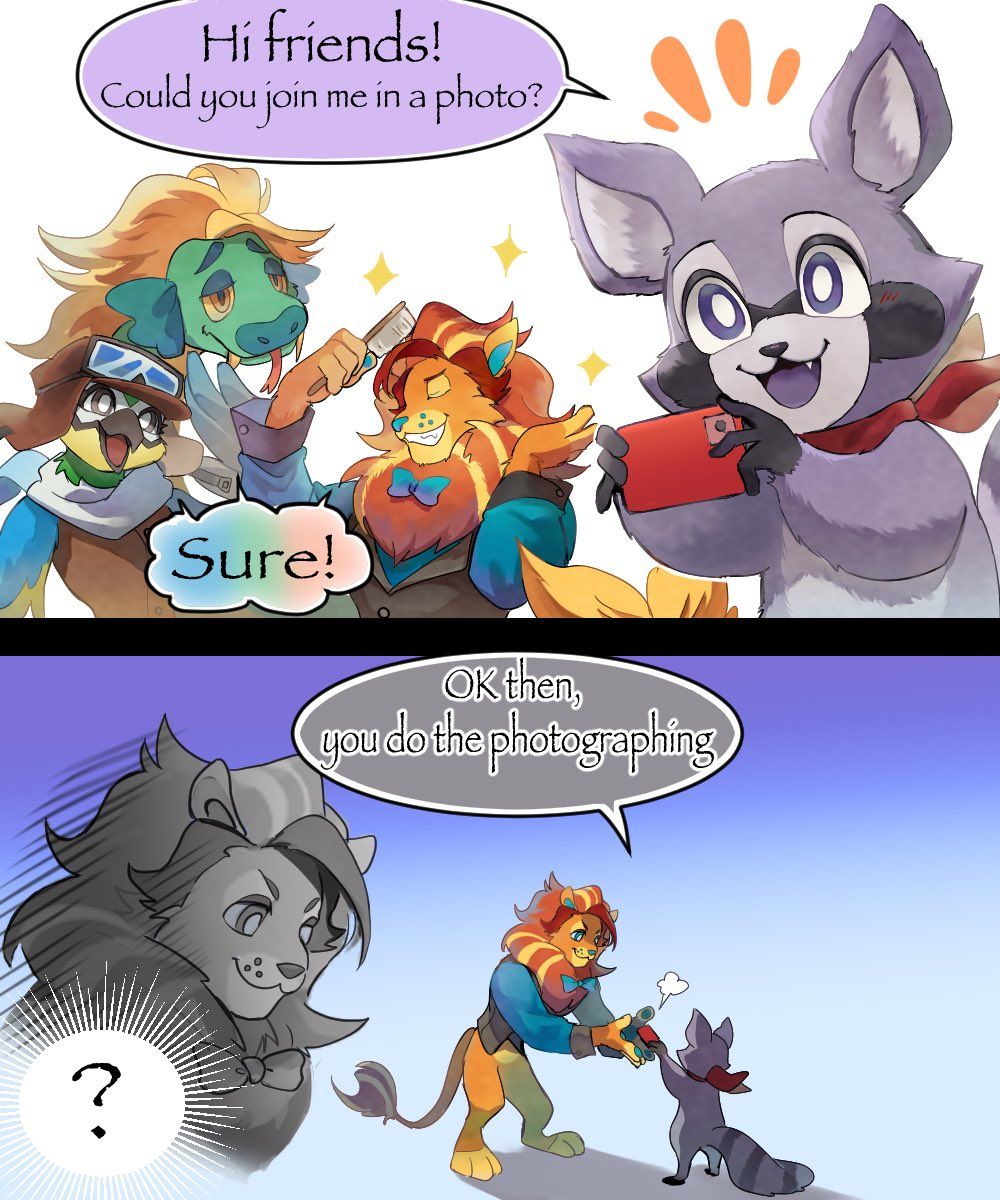 1girl, 3boys, animal_ears, bad_id, bad_twitter_id, bird_girl, commentary, english_commentary