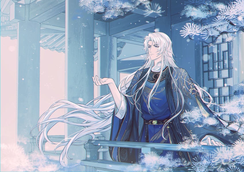 1boy, absurdres, architecture, black_coat, blue_robe, chinese_clothes, chinese_commentary, coat