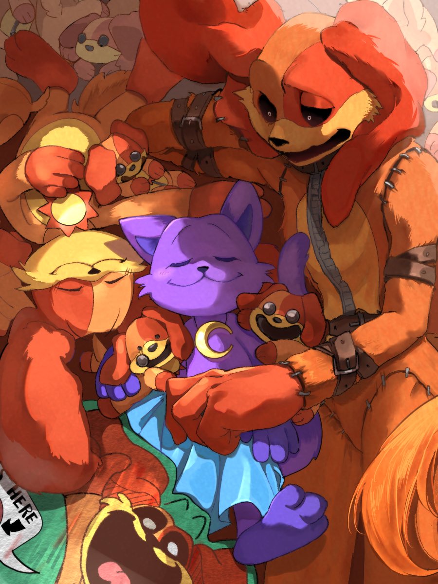 2boys, bad_id, bad_twitter_id, black_sclera, catnap_(poppy_playtime), closed_eyes, closed_mouth, colored_sclera, commentary, crescent_moon, dogday_(poppy_playtime), english_commentary, furry, furry_male, highres, looking_at_another, male_focus, moon, multiple_boys, open_mouth, poppy_playtime, sleeping, smile, taru_8naru, white_eyes