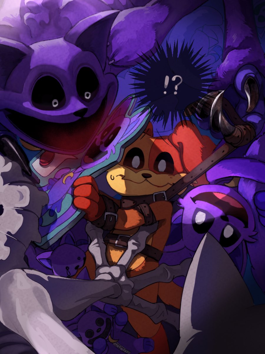 !?, 2boys, bad_id, bad_twitter_id, black_sclera, catnap_(poppy_playtime), claws, closed_mouth, colored_sclera, commentary, dogday_(poppy_playtime), english_commentary, furry, furry_male, highres, looking_at_another, male_focus, multiple_boys, open_mouth, poppy_playtime, prototype_(poppy_playtime), smile, sweatdrop, taru_8naru, wavy_mouth, white_eyes