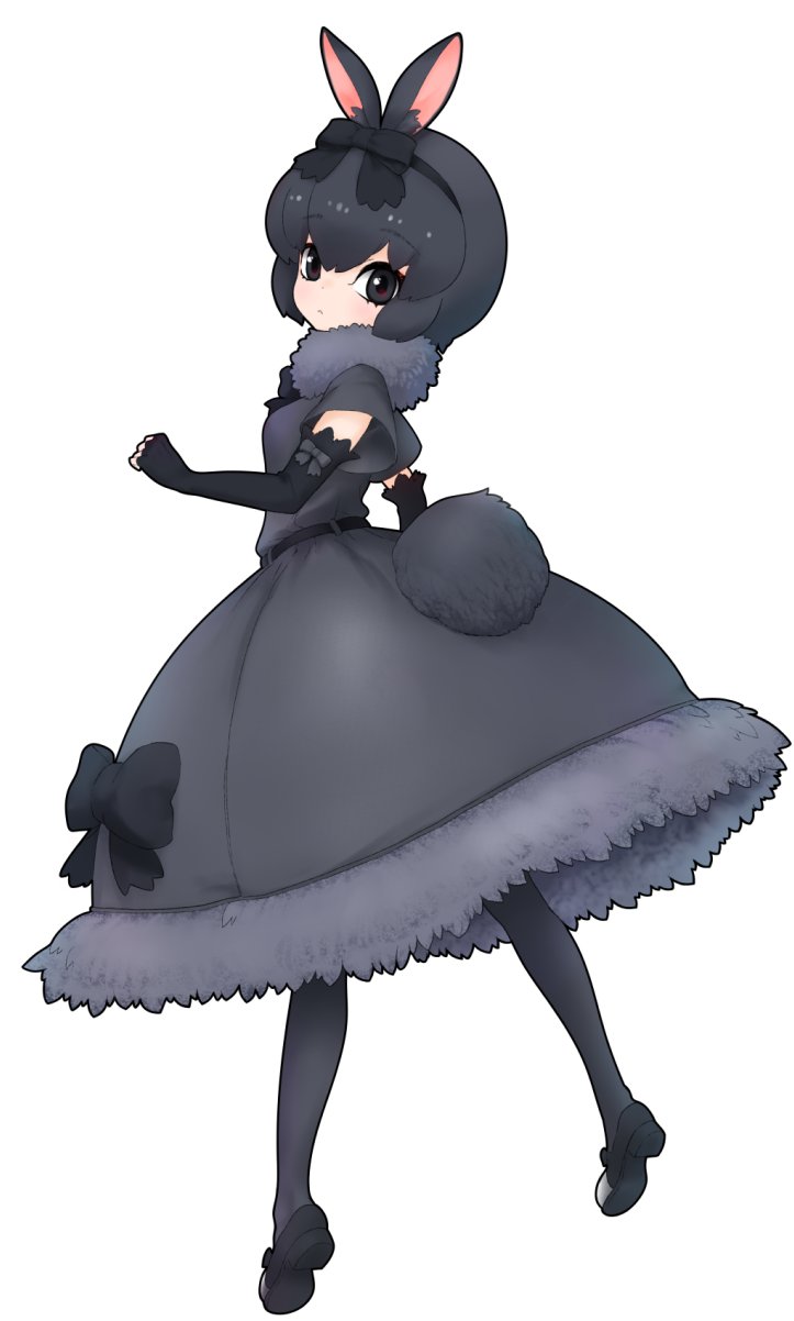 1girl, amami_rabbit_(kemono_friends), animal_ears, black_bow, black_bowtie, black_dress, black_eyes, black_gloves, black_hair, black_pantyhose, black_shoes, blush, bow, bowtie, dress, elbow_gloves, fingerless_gloves, frilled_gloves, frills, from_behind, full_body, fur_collar, fur_trim, gloves, grey_fur, hair_between_eyes, hair_bow, highres, ise_(0425), kemono_friends, kemono_friends_3, looking_at_viewer, looking_back, pantyhose, penny_loafers, rabbit_ears, rabbit_girl, rabbit_tail, shoes, short_hair, short_sleeves, sidelocks, solo, tail