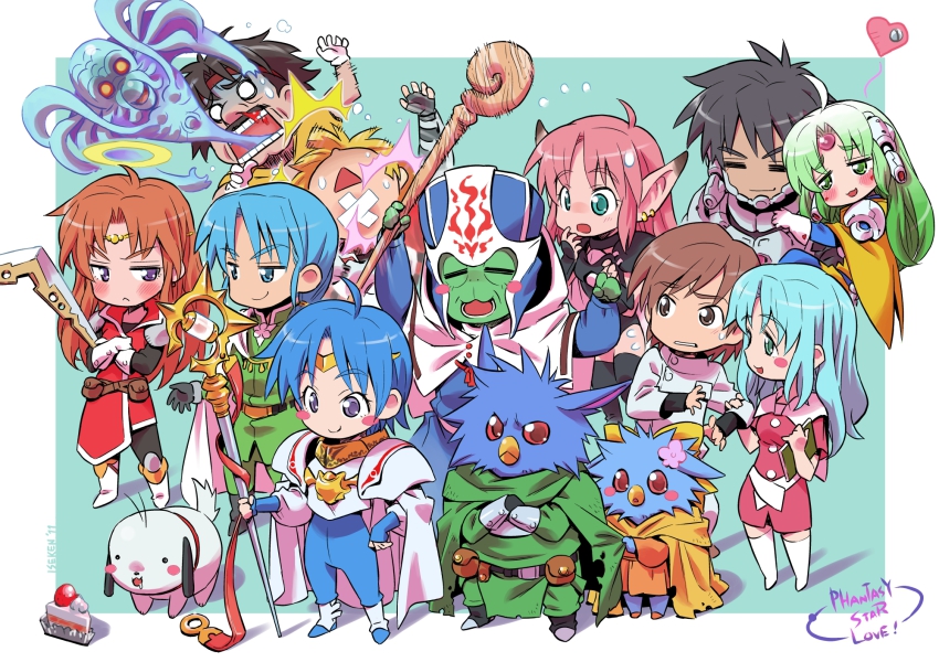 5boys, 5girls, :<, :3, alys_brangwin, blush, blush_stickers, boomerang, cake, carrying, chibi, circlet, crossed_arms, dog, everyone, fal_(phantasy_star), food, forehead_jewel, furena, furena_(phantasy_star), hahn_mahlay, heart, highres, isedaichi_ken, kyra_tierney, multiple_boys, multiple_girls, paiku, paiku_(phantasy_star), phantasy_star, phantasy_star_iv, pointy_ears, princess_carry, raja, raja_(phantasy_star), rika_(psiv), rudi_ashure, rune_walsh, saya_(psiv), searren_(phantasy_star), sega, seth_(phantasy_star), seth_(psiv), smile, staff, sweatdrop, wren_(phantasy_star)