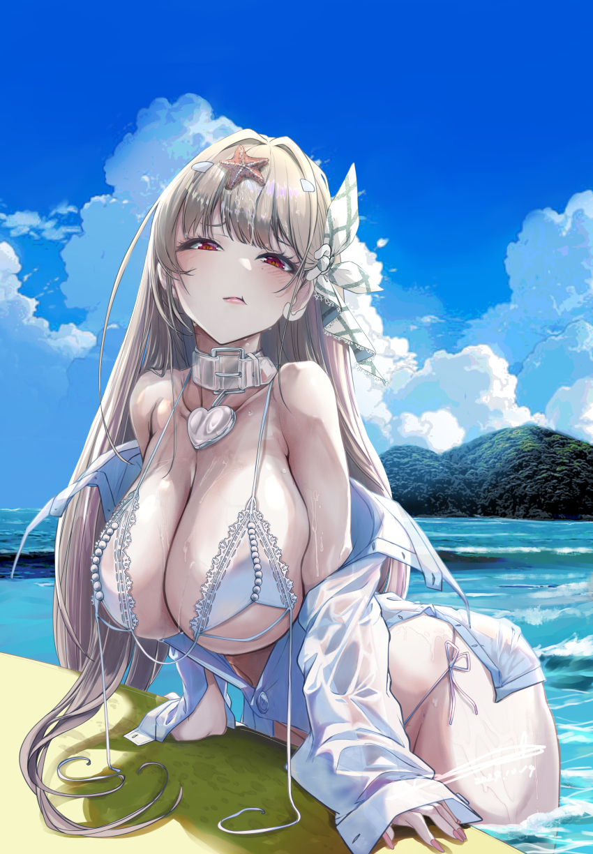 1girl, absurdres, bikini, blonde_hair, blunt_bangs, blush, breasts, cleavage