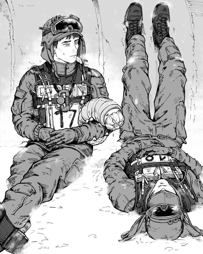 2boys, alien, boots, closed_mouth, commentary, creeper_(mickey_17), drooling, english_commentary