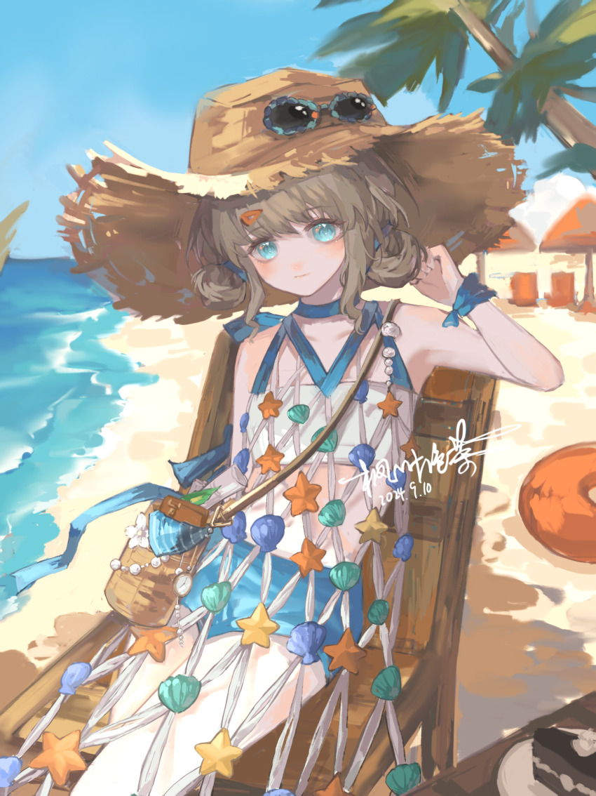1girl, absurdres, artist_name, bag, beach, beach_chair, beach_umbrella, blue_bow, blue_choker, blue_eyes, blue_shorts, blue_sky, bow, brown_bag, brown_hair, brown_hat, choker, cowboy_shot, dated, day, dress, eyewear_on_headwear, fengye_pao_cha, fishnet_dress, hand_up, hat, highres, innertube, looking_at_viewer, marcus_(on_the_white_sand)_(reverse:1999), marcus_(reverse:1999), medium_hair, navel, ocean, official_alternate_costume, outdoors, palm_tree, reverse:1999, sand, shell, shorts, shoulder_bag, signature, sky, sleeveless, sleeveless_dress, solo, starfish, strapless, straw_hat, sunglasses, swim_ring, tree, tube_top, umbrella, very_low_bun, white_tube_top, wrist_bow