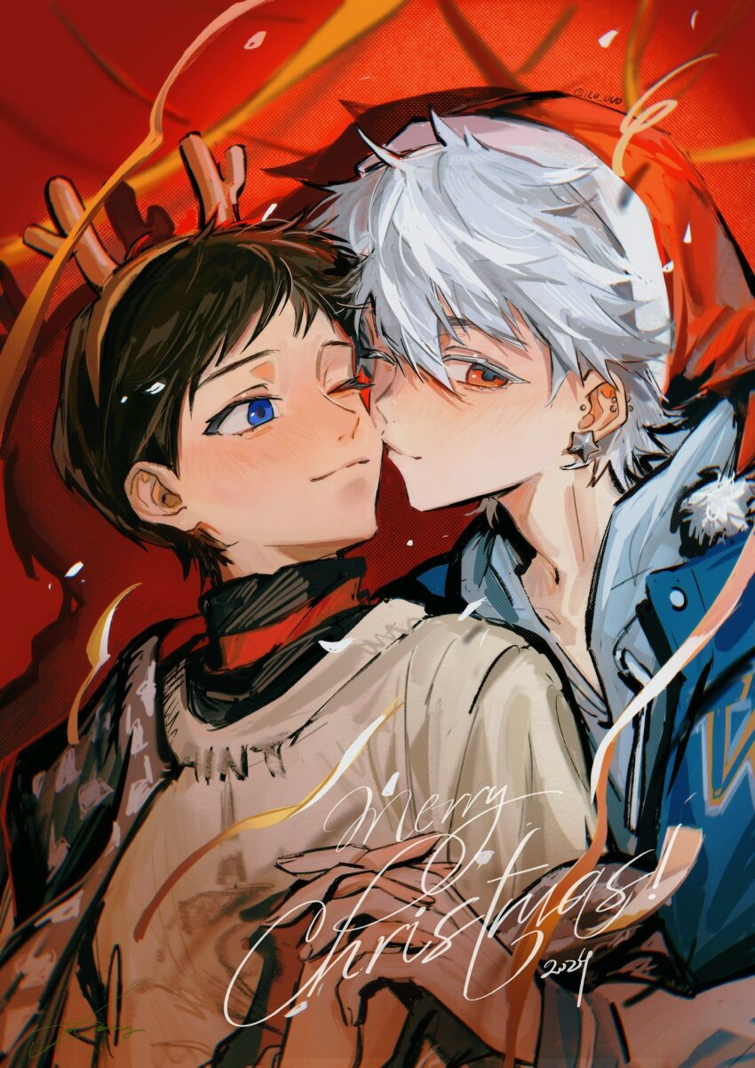 2boys, blue_eyes, blue_jacket, blush, brown_hair, christmas, closed_mouth, commentary