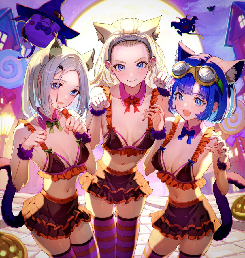 3girls, 3others, alternate_costume, animal_ears, anlucea, black_skirt, blonde_hair, blue_bow