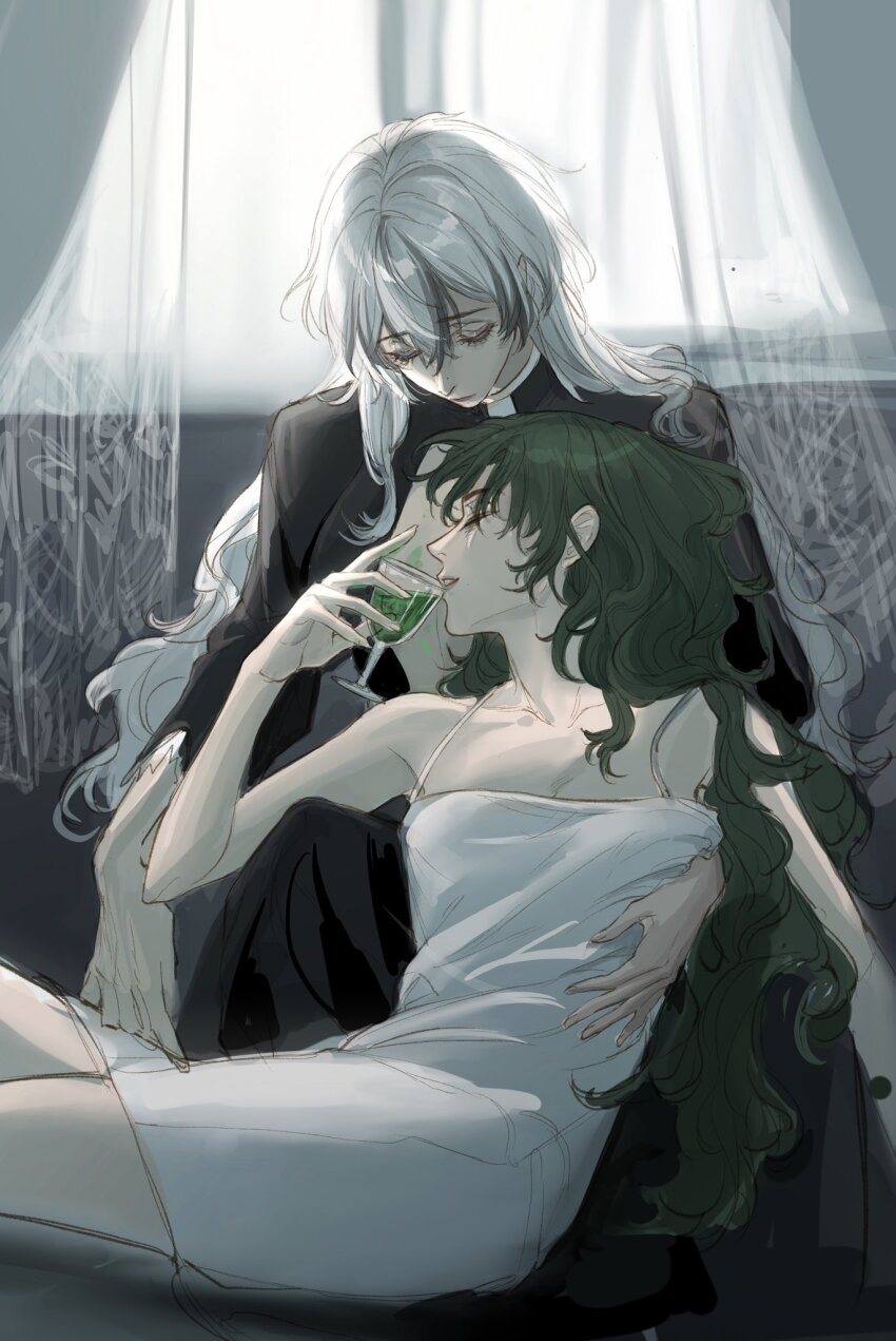 2girls, bare_arms, between_legs, black_hair, closed_eyes, closed_mouth, commentary, cup, curtains, deerwhisky, dress, drinking_glass, english_commentary, green_hair, grey_hair, highres, indoors, long_hair, multicolored_hair, multiple_girls, oak_casket_(path_to_nowhere), path_to_nowhere, raven_(path_to_nowhere), sitting, sleeveless, sleeveless_dress, streaked_hair, white_dress, wine_glass, yuri