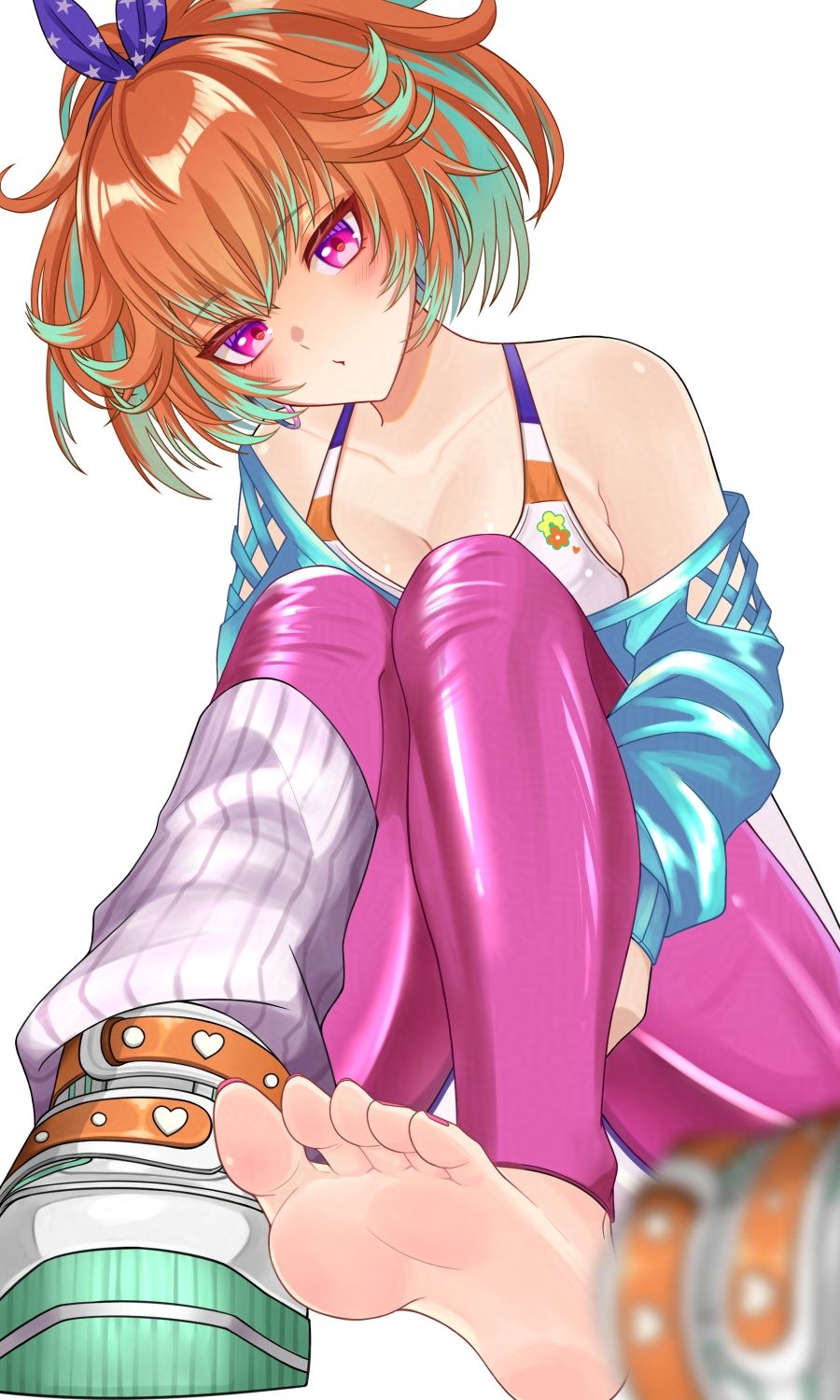 1980s_fashion, 1girl, adversarial_noise, bare_shoulders, barefoot, earrings, feet, green_hair, highres, hololive, hololive_english, hoop_earrings, hrk_itoshi, jewelry, left_shoe_removed, leg_warmers, leggings, leotard, looking_at_viewer, multicolored_hair, off-shoulder_sweater, off_shoulder, official_alternate_costume, orange_hair, purple_eyes, purple_leggings, shiny_clothes, shoes, simple_background, single_shoe, soles, solo, sweater, takanashi_kiara, takanashi_kiara_(fever_night), toenails, toes, virtual_youtuber, white_background, white_leg_warmers, white_leotard