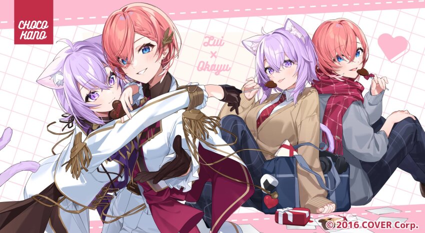 2girls, :3, :d, ahoge, animal_ear_fluff, animal_ears, arm_on_another's_shoulder, bag