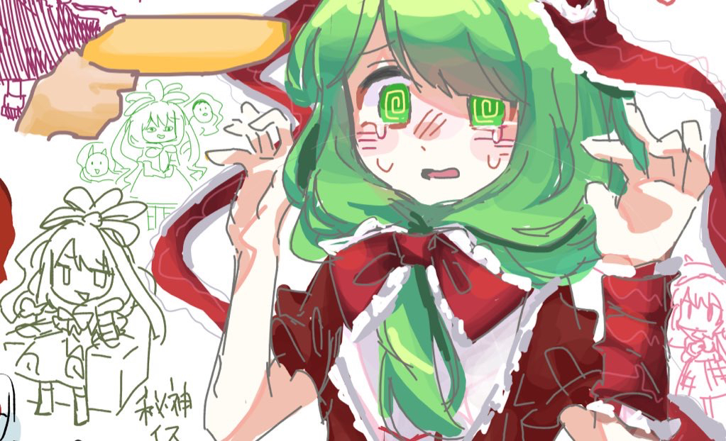 @_@, amadare_rak, arm_ribbon, bow, front_ponytail, green_eyes, green_hair, kagiyama_hina, kazami_yuuka, red_bow, red_ribbon, ribbon, sitting, sketch, smile, touhou, upper_body