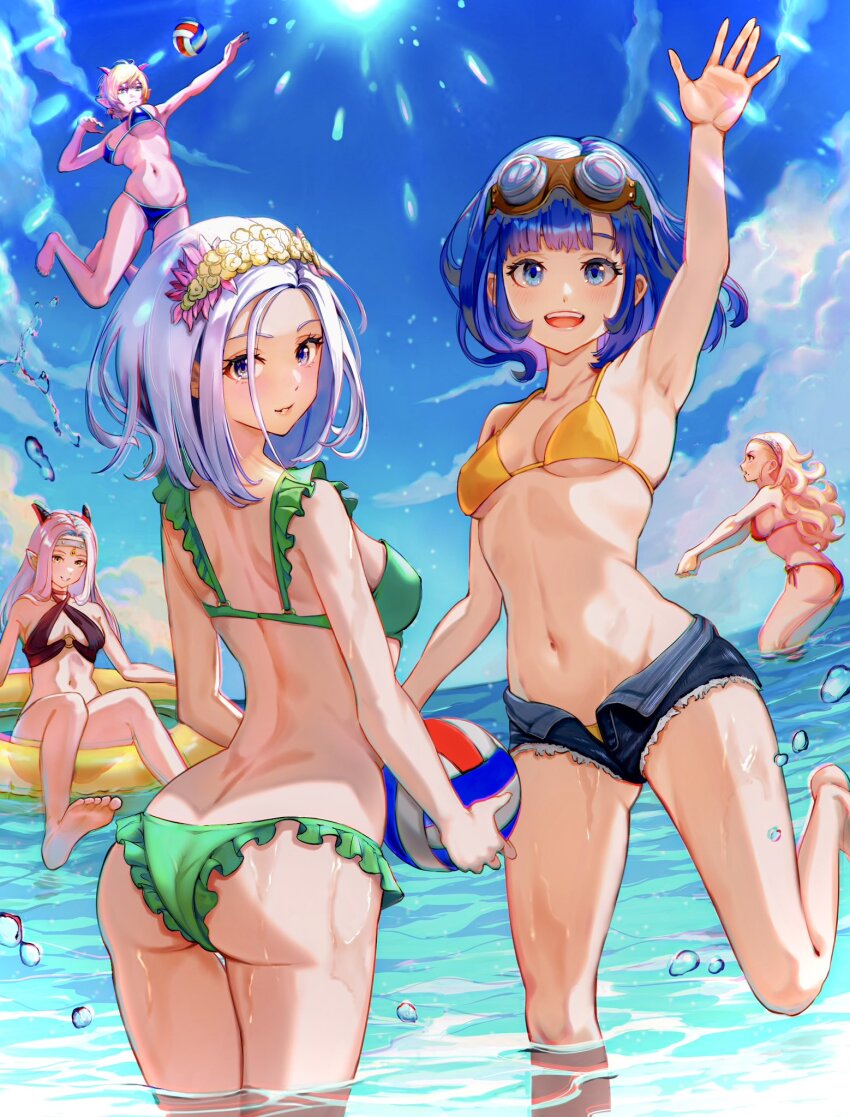 5girls, :d, anlucea, ass, ball, barefoot, bikini, black_bikini, black_horns, blonde_hair, blue_bikini, blue_eyes, blue_hair, blue_sky, blunt_bangs, breasts, chromatic_aberration, circlet, cloud, commentary_request, covered_erect_nipples, cowboy_shot, curly_hair, demon_girl, denim, denim_shorts, dragon_girl, dragon_quest, dragon_quest_x, estella_(dq10), foot_up, frilled_bikini, frills, goggles, goggles_on_head, green_bikini, grey_hair, hair_pulled_back, hairband, highres, holding, holding_ball, horns, illusia_(dq10), innertube, large_breasts, lens_flare, long_hair, looking_at_another, looking_at_viewer, looking_back, medium_breasts, medium_hair, multiple_girls, navel, numao_sub, o-ring, o-ring_bikini, open_fly, open_mouth, outdoors, parted_hair, pink_hair, pink_horns, pixie_cut, pointy_ears, profile, purple_eyes, red_bikini, seraphy_(dq10), short_hair, shorts, side-tie_bikini_bottom, sideboob, silver_circlet, silver_hairband, sitting, sky, smile, string_bikini, summer, swim_ring, swimsuit, underboob, valeria_(dragon_quest), volleyball_(object), water, waving, wet, yellow_bikini, yellow_eyes