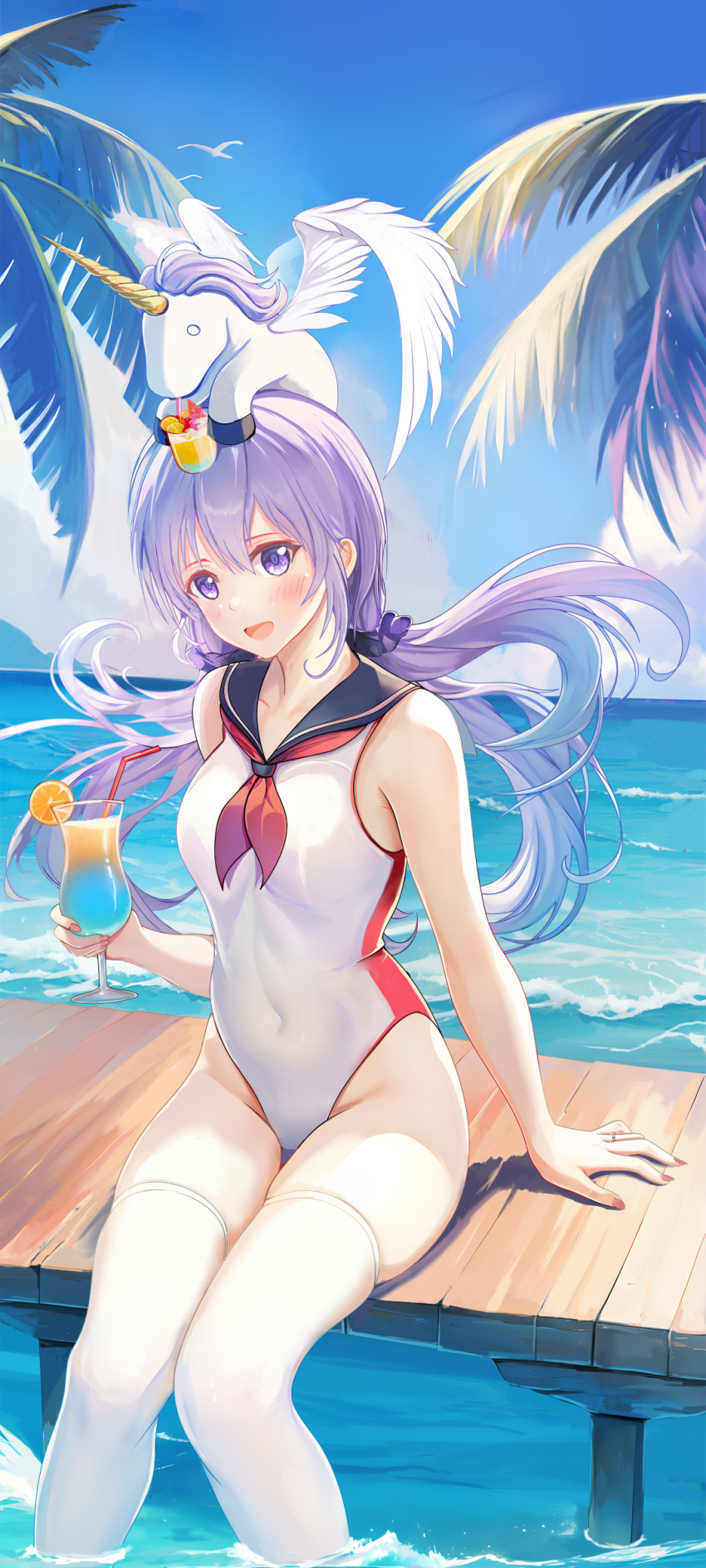 1girl, absurdres, alternate_costume, azur_lane, blue_sailor_collar, breasts, cocktail_glass, covered_navel