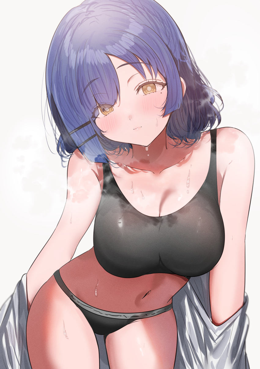 1girl, absurdres, black_panties, black_sports_bra, blue_hair, blush, bocchi_the_rock!, breasts, closed_mouth, collarbone, commentary_request, eyes_visible_through_hair, grey_background, highres, large_breasts, looking_at_viewer, midriff, mole, mole_under_eye, navel, panties, simple_background, solo, sports_bra, sunya_(honorin-yuunibo), sweat, underwear, yamada_ryo, yellow_eyes
