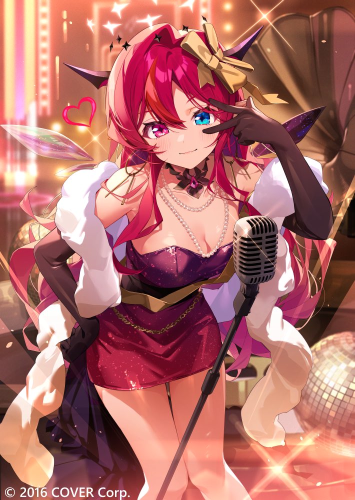 1girl, asymmetrical_wings, bare_shoulders, black_gloves, blue_eyes, bow, breasts, cleavage