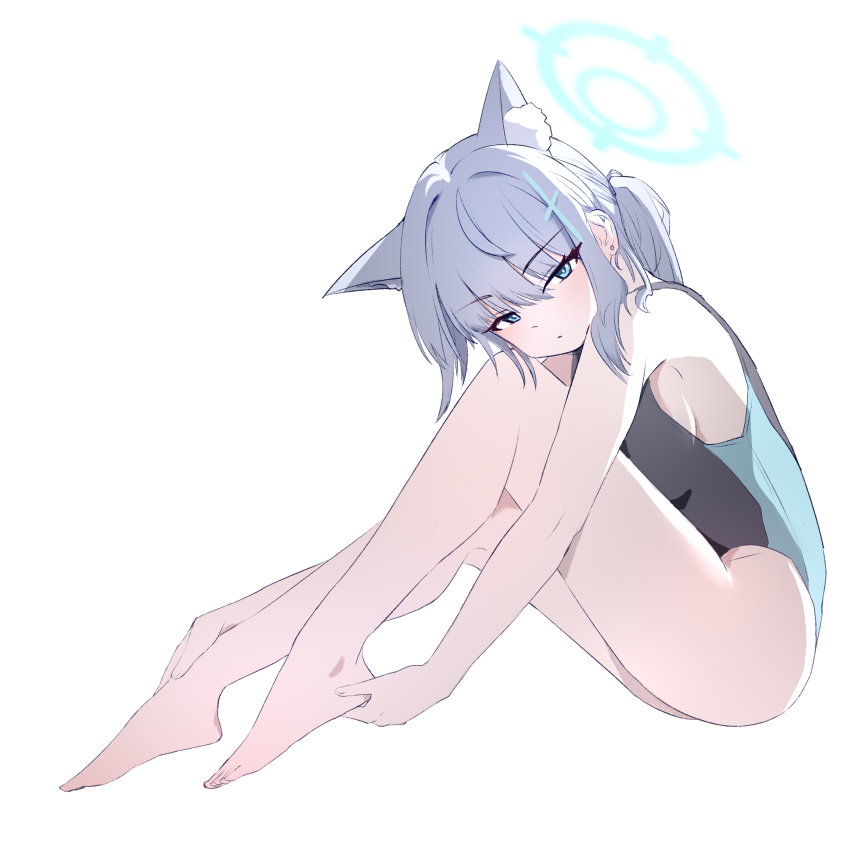1girl, absurdres, animal_ear_fluff, animal_ears, astnya, barefoot, black_one-piece_swimsuit, blue_archive, blue_eyes, breasts, chinese_commentary, commentary_request, competition_swimsuit, cross_hair_ornament, extra_ears, full_body, grey_hair, hair_ornament, halo, highres, low_ponytail, medium_breasts, medium_hair, mismatched_pupils, multicolored_swimsuit, official_alternate_costume, one-piece_swimsuit, ponytail, shiroko_(blue_archive), shiroko_(swimsuit)_(blue_archive), simple_background, sitting, solo, swimsuit, white_background, wolf_ears