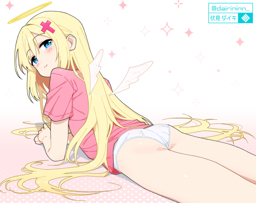 1girl, angel, artist_name, ass, blonde_hair, blue_eyes, closed_mouth, commentary_request