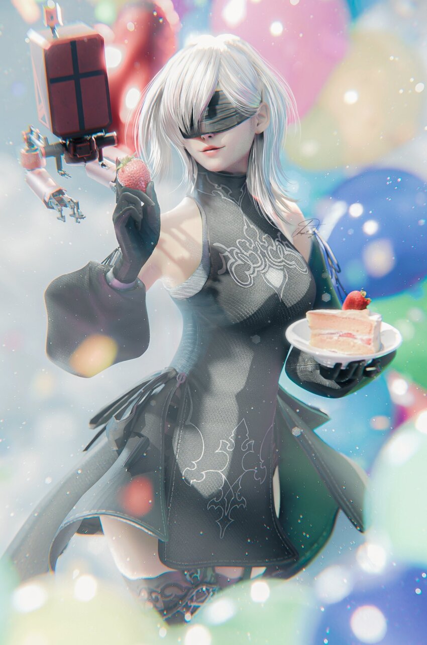 10h_(nier_reincarnation), 1girl, balloon, bare_shoulders, black_gloves, cake, cake_slice, devy_(hapidevy)