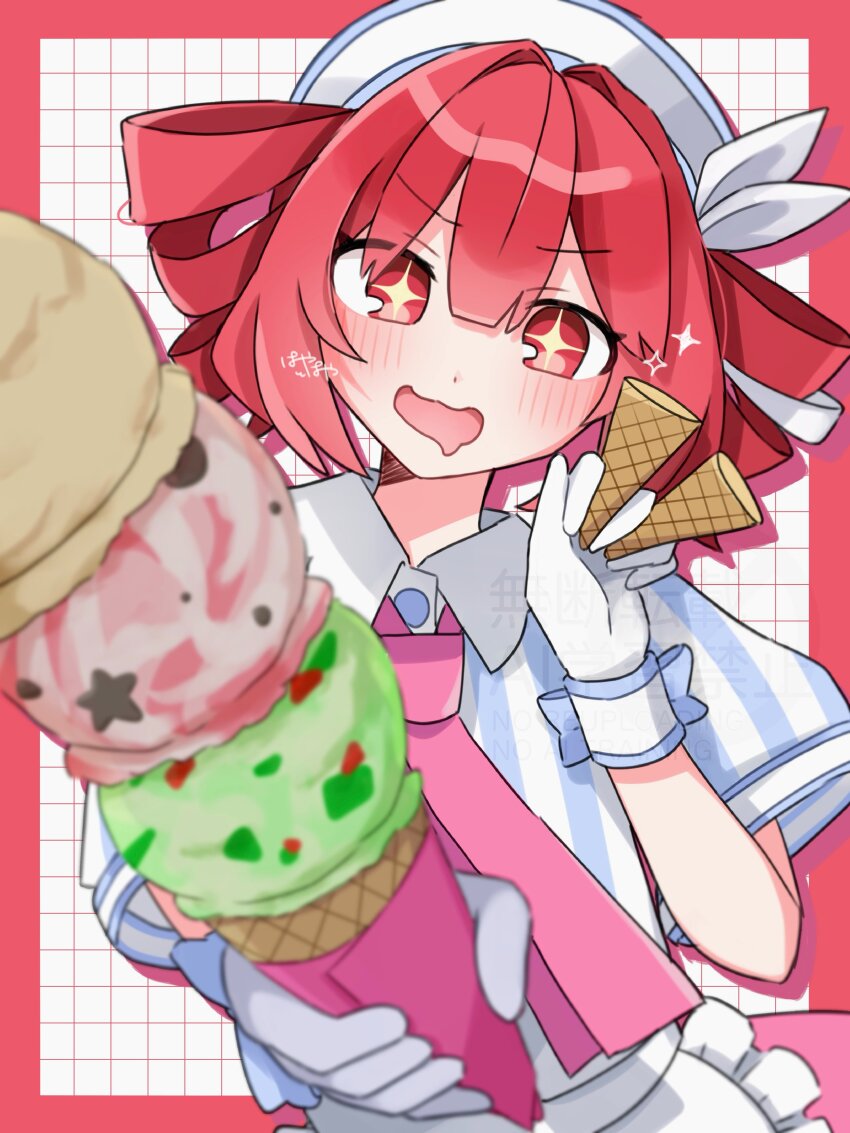 +_+, absurdres, alternate_costume, apron, blue_hair, blush, border, bow