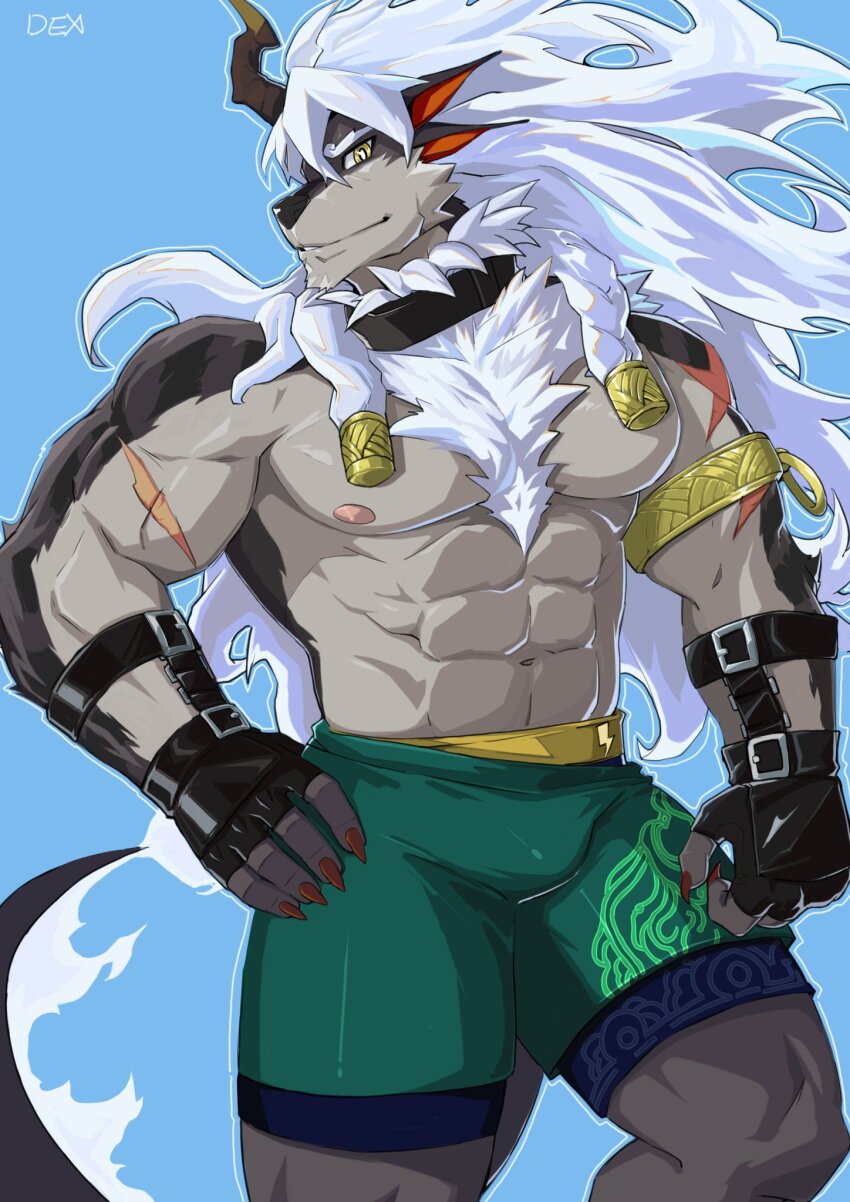 1boy, abs, animal_ears, bara, black_gloves, braid, claws, closed_mouth, commentary_request, dislyte, extra_ears, fingerless_gloves, furry, furry_male, gloves, green_shorts, highres, horns, hot911010_(dex), looking_at_viewer, male_focus, mixed-language_commentary, muscular, muscular_male, nipples, pectorals, shorts, single_horn, smile, sui_zai_(beast_nian)_(dislyte), tail, topless_male
