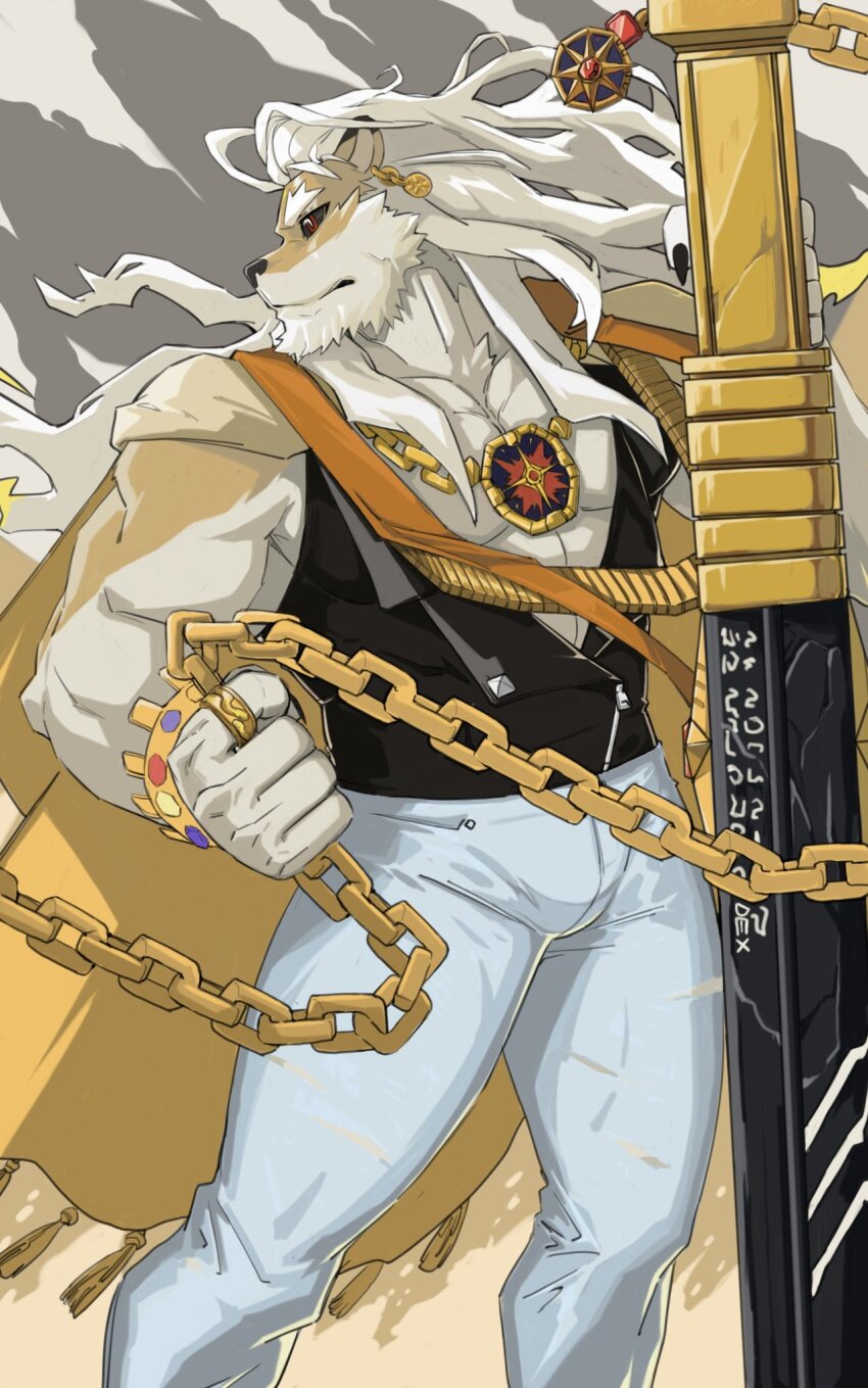 1boy, abs, animal_ears, artist_name, bara, black_sclera, black_shirt, bulge, chain, claws, closed_mouth, colored_sclera, commentary, denim, dislyte, english_commentary, furry, furry_male, highres, holding, holding_chain, holding_sword, holding_weapon, hot911010_(dex), javid_(shamash)_(dislyte), jeans, jewelry, lion_boy, lion_ears, lion_mane, looking_to_the_side, male_focus, muscular, muscular_male, necklace, pants, pectorals, profile, red_eyes, shirt, sleeveless, sleeveless_shirt, sword, weapon
