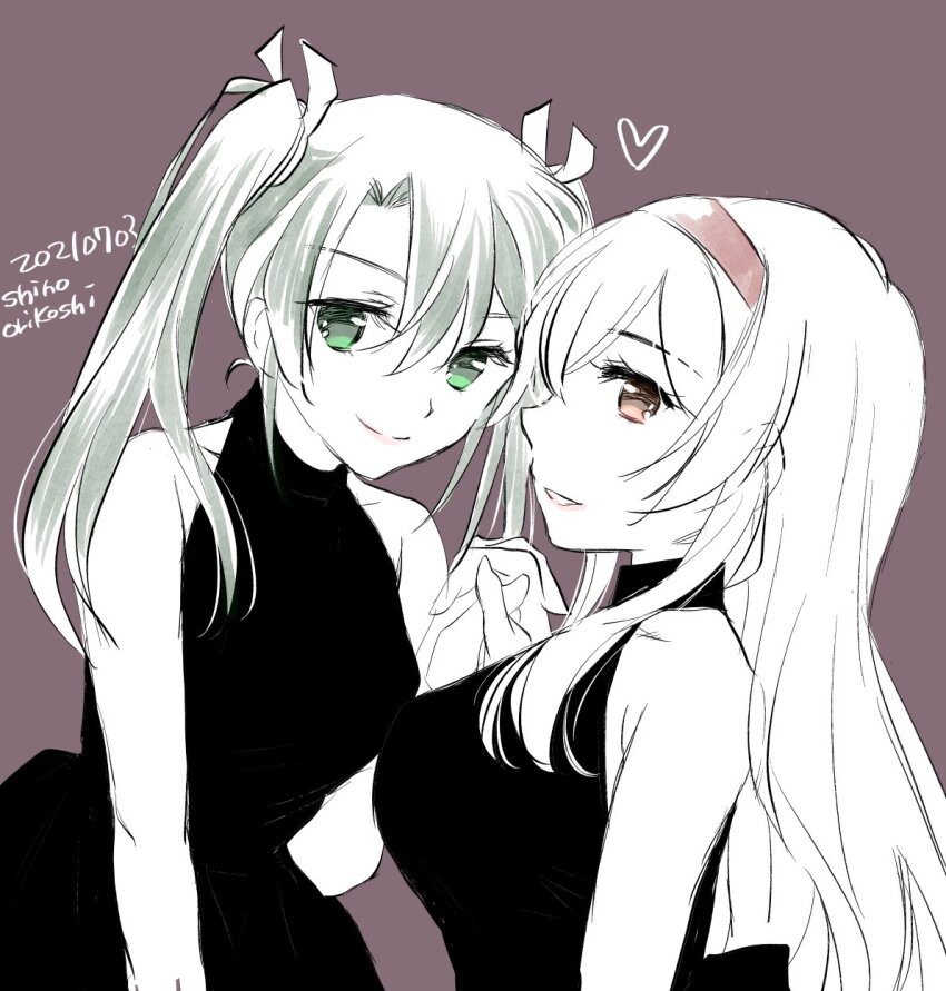 2girls, alternate_costume, artist_logo, black_dress, brown_eyes, dated, dress, green_eyes
