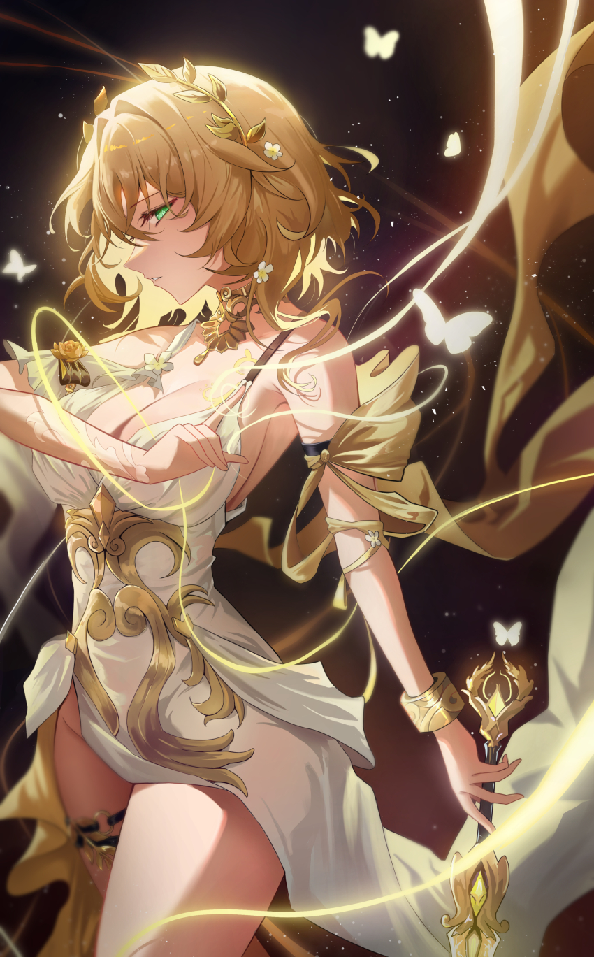 1girl, absurdres, aglaea_(honkai:_star_rail), arm_tattoo, bare_shoulders, black_background, blonde_hair, bracelet