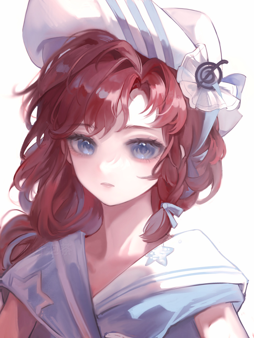 1girl, absurdres, barcarola_(reverse:1999), blue_eyes, blue_shirt, braid, braided_sidelock, dixie_cup_hat