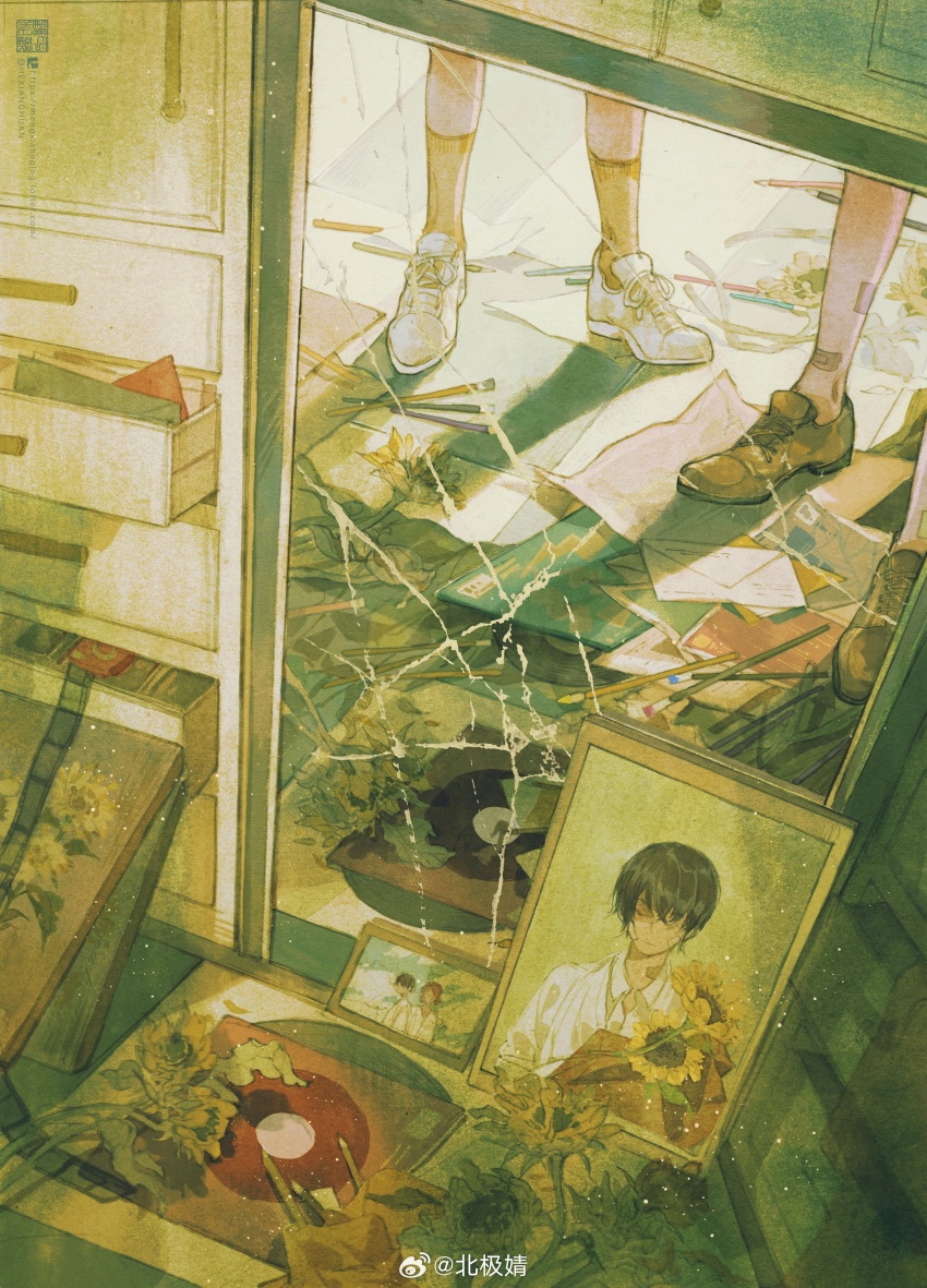 2boys, absurdres, ankle_socks, bandaid, bandaid_on_leg, black_shoes, book, cd