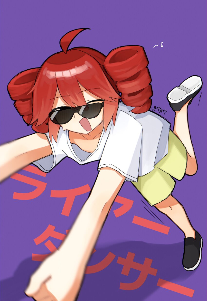 1girl, absurdres, alternate_costume, black_shoes, closed_eyes, falling, flat_chest, grey_shorts