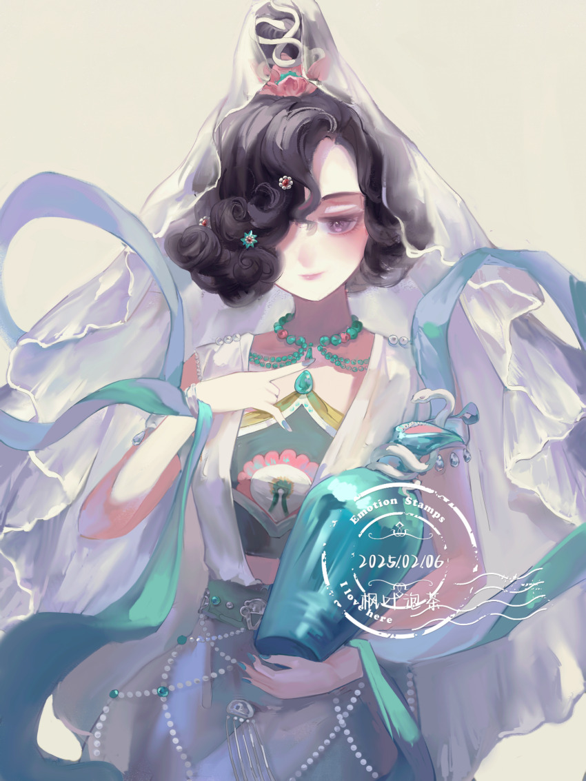 1girl, absurdres, artist_name, black_hair, bottle, closed_mouth, dated, dress