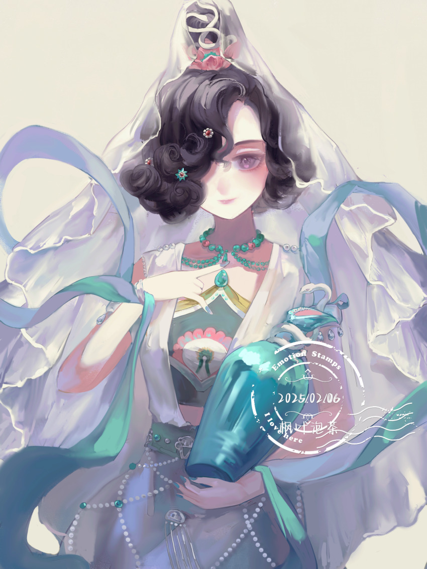 1girl, absurdres, artist_name, black_hair, bottle, closed_mouth, dated, dress