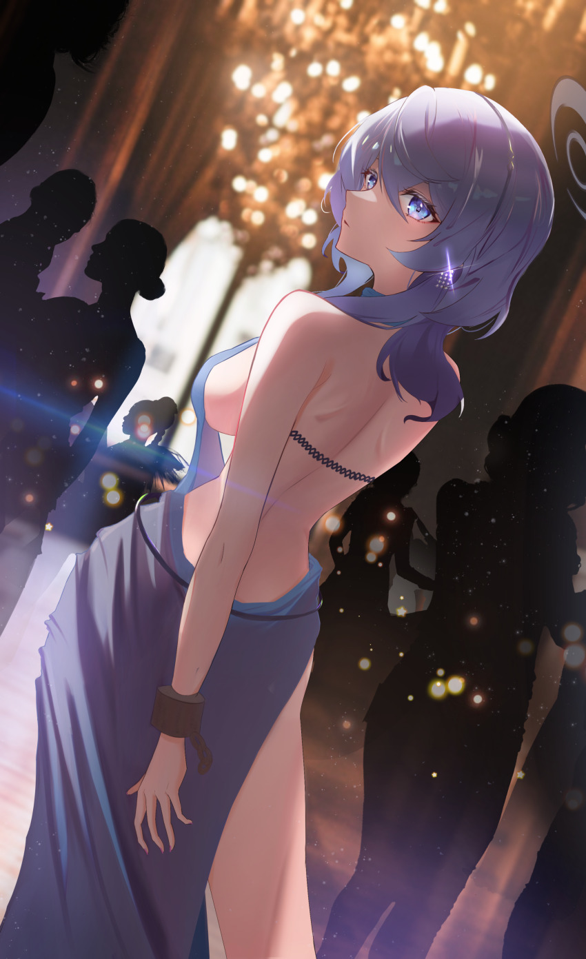 1girl, 6+others, absurdres, ako_(blue_archive), ako_(dress)_(blue_archive), ass, backless_dress, backless_outfit, bare_shoulders, blue_archive, blue_dress, blue_eyes, blue_hair, blurry, blurry_background, breasts, chandelier, commentary, cowboy_shot, cuffs, dress, dutch_angle, earrings, english_commentary, evening_gown, fingernails, from_behind, glint, goboogie, hair_between_eyes, hairband, halo, highres, indoors, jewelry, large_breasts, long_fingernails, long_hair, looking_at_viewer, looking_back, metal_hairband, multiple_others, nail_polish, official_alternate_costume, parted_lips, purple_nails, shackles, sideboob, sideless_dress, silhouette, solo_focus, window