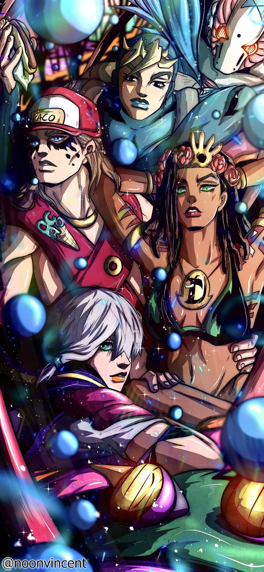 4boys, absurdres, baseball_cap, bikini, black_bikini, blonde_hair, blue_bodysuit, blue_lips