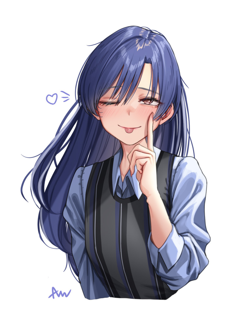 1girl, :p, am_serr, blue_hair, blue_shirt, blush, brown_eyes, closed_mouth