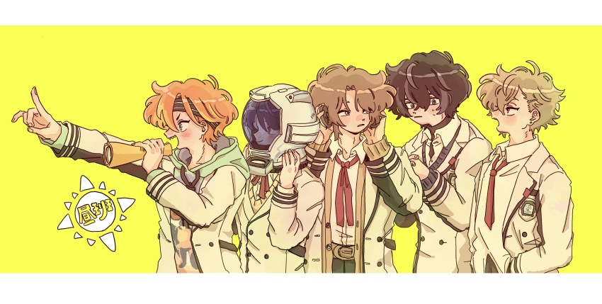 18trip, 5boys, absurdres, black_hair, brown_hair, chokki_01, from_side, headband, headphones, helmet, highres, holding, holding_headphones, holding_unworn_helmet, in_pocket, index_finger_raised, isotake_akuta, kaguya_muneuji, kinugawa_kiroku, kurama_ushio, looking_at_another, looking_back, multiple_boys, nanamegi_nanaki, necktie, open_mouth, orange_hair, outstretched_arm, red_necktie, school_uniform, sharp_teeth, space_helmet, sweatdrop, teeth, unworn_helmet, upper_body, yellow_background