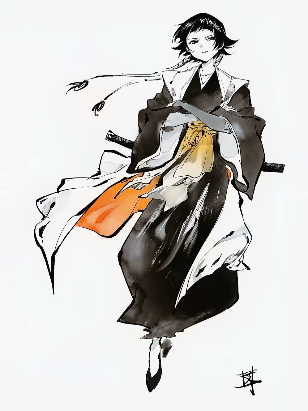 1girl, black_eyes, black_gloves, black_hair, black_kimono, black_robe, black_shoes, bleach