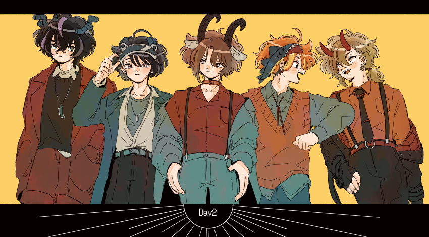 18trip, 5boys, absurdres, ahoge, black_border, black_hair, black_horns, black_necktie