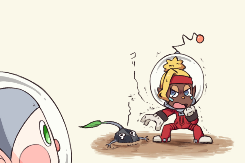 1boy, 1girl, black_skin, black_wrist_cuffs, blonde_hair, blue_eyes, blush_stickers, clenched_hand