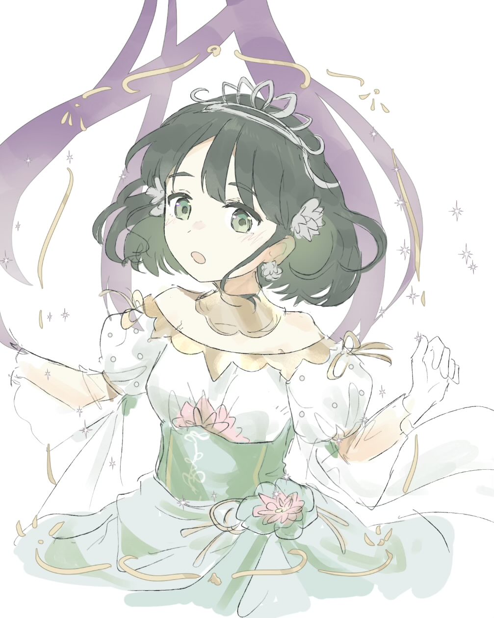 1girl, :o, black_hair, blunt_bangs, blush, bob_cut, churhami, dress